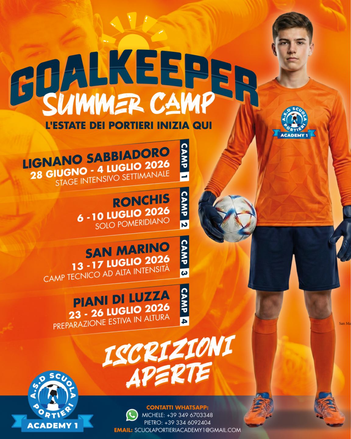 Goalkeeper summer camp | Portieri-2026 Vuoi migliorare le tue abilità di portiere? ⚽️ Partecipa al Goalkeeper Summer Camp dal 30 giugno al 5 luglio presso Bella Italia Village di Lignano Sabbiadoro. ☀️ Cosa ti aspetta? Una settimana di training con tecnici qualificati, giochi e allenamenti sulla spiaggia e tanto divertimento! 🏖️🤩 Vivi un’estate da portiere!